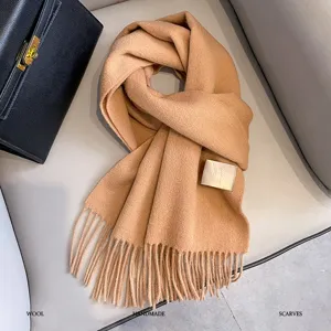Solid color winter cashmere wool scarf with tassels, thick warm women scarf for cold weather.