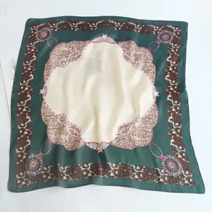 Women's 70x70cm silk feel square scarf with elegant chain print and retro green design.
