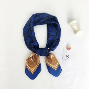Chic blue paisley print square silk scarf for women, elegant neckerchief and stylish hair band.
