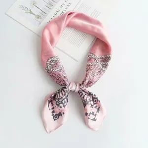Pink silk feel square scarf with elegant chain and leopard print for women daily wear.