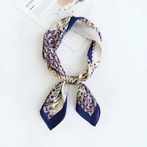 Blue chain print silk square scarf 70x70cm women elegant neckerchief summer fashion accessory.