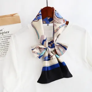 Narrow long flat-angle silk scarf with chic nautical chain print and black border.