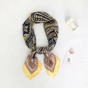 Elegant paisley patterned silk scarf, navy blue and yellow contrast chic fashion square head wrap.