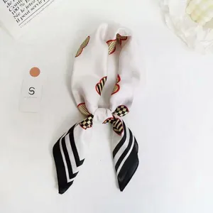 White silk scarf with black white stripes and colorful geometric print neckerchief for women.