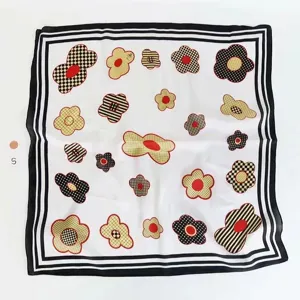 Floral print square silk scarf with striped border elegant chic women fashion accessory