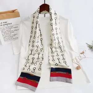 Narrow long silk scarf with horsebit print and striped color block, elegant neckerchief.