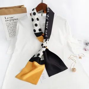 Narrow silk scarf for women, trendy polka dot and color block design neckerchief fashion accessory.