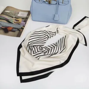 Chic black and white striped imitation silk square scarf, 70x70cm elegant women neckerchief detail.