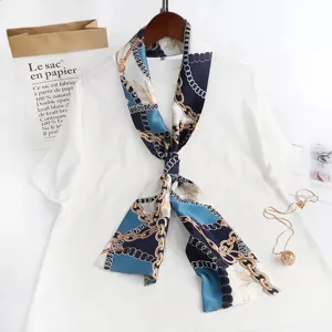 Narrow long silk scarf with chic chain print, elegant women fashion neckerchief accessory.