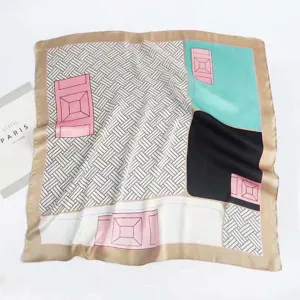 Summer printed silk scarf, chic geometric square scarf with elegant border for women.