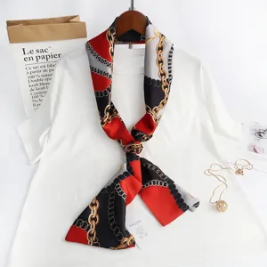 Chic narrow silk scarf with elegant chain print, perfect for spring fashion and bag decoration.