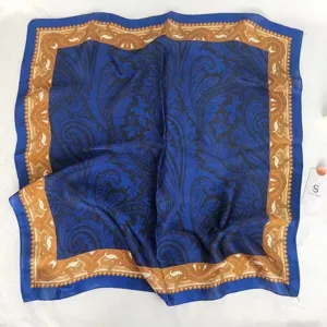 Blue paisley silk scarf with gold baroque border, elegant square head wrap for women.