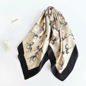 Silk feel square scarf with elegant zebra print pattern, ideal for women fashion accessory.