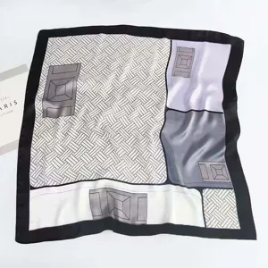 Chic 70x70cm imitation silk square scarf with classic geometric chain pattern and black border.