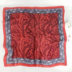 Elegant red paisley print square silk scarf, versatile hair band and bag ribbon.