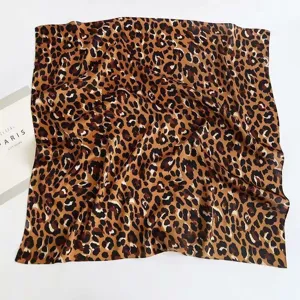Classic leopard print square scarf, elegant satin neckerchief for women fashion daily wear.