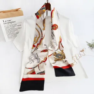 Narrow silk scarf for women, vintage nautical chain anchor print, stylish long ribbon neck scarf for spring bag decoration.