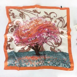 Fashion square silk scarf with orange border and artistic tree print for women spring autumn.