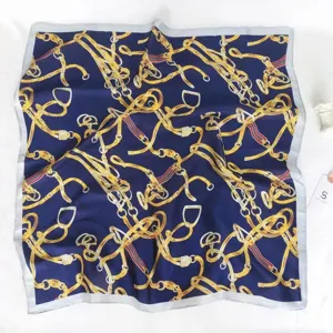 Luxury style blue square silk scarf with golden chain and belt print for women.