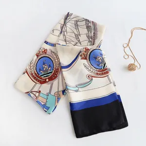 Narrow rectangular silk scarf spring fashion nautical ship print neckerchief hair ribbon bag tie