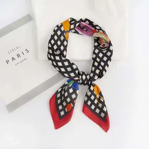 Chic black and white plaid square silk scarf with artistic print for women neckwear 70cm