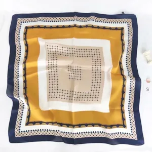 Women vintage geometric silk square scarf luxury style chain pattern neckerchief wrap