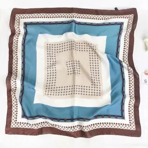 Stylish square silk scarf with elegant geometric grid pattern and chic contrast border design.