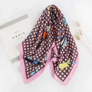 Chic brown plaid silk square scarf with pink border, elegant women neckerchief for daily wear.