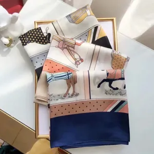 Detailed view of luxury style printed silk square scarf with classic equestrian design 70x70cm