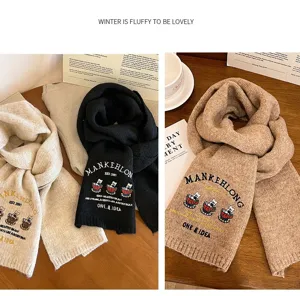 Cozy winter wool knitted scarf for women, thick warm scarf with cute bear embroidery and letters.