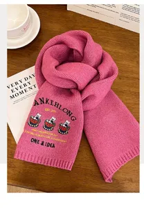 Cozy pink knit winter scarf for women, thick warm wool neck warmer with cute bear embroidery.