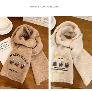 Winter warm wool knitted scarf for women with cute bear embroidery and stylish letters.