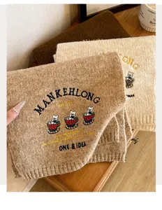 Winter warm knitted scarf with cute bear embroidery and letters, soft wool neck warmer.
