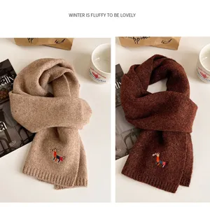 Detailed view of the cute knitted wool scarf featuring sweet pony embroidery for winter warmth.