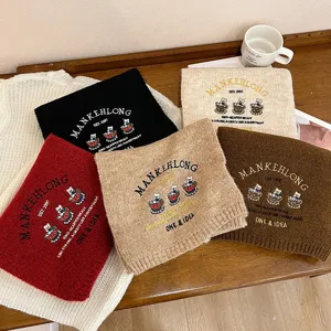 Women Winter Warm Thickened Wool Knit Scarf Cute Bear Embroidery Casual Versatile Solid Color Fashion Neck Scarf