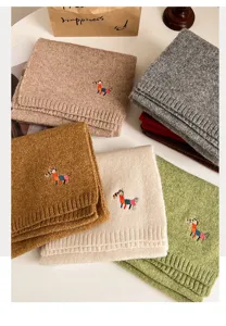 Chunky knit wool scarf with cute colorful horse embroidery, warm and cozy winter neck warmer.
