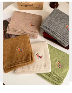 Winter thick knitted scarf for women with cute colorful pony embroidery cozy warm solid color