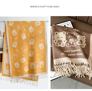Cozy winter thick imitation cashmere scarf featuring cute three bears pattern and stylish tassels.