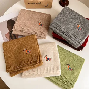 Women Winter Warm Scarf Wool Blend Knit Scarf Cute Little Pony Embroidery Thickened Soft Casual Daily Neck Scarf