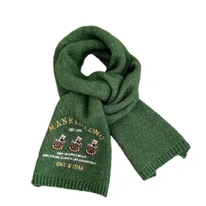 Winter warm dark green knitted scarf for women with cute bear embroidery and stylish letters.