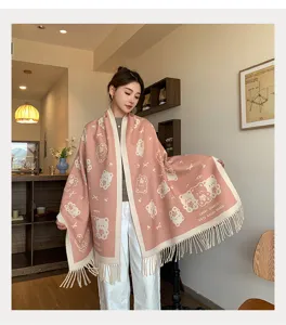 Autumn winter thick imitation cashmere shawl women cute bear pattern fringe scarf fashion warm