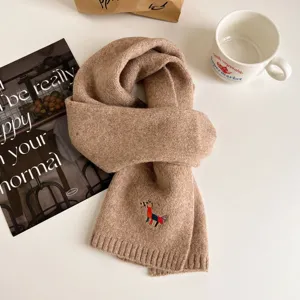 Cozy knit winter scarf in beige with cute horse embroidery, soft warm casual neckerchief for women.