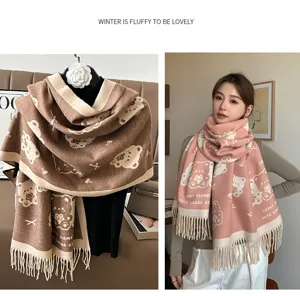 Autumn winter thick warm imitation cashmere scarf for women cute bear pattern fashion tassel shawl