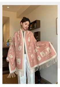 Thick warm imitation cashmere winter shawl scarf for women, cute bear pattern with fringe.