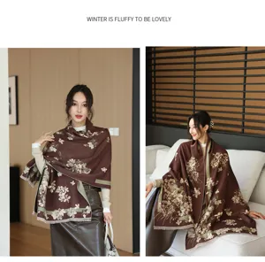Detailed view of women's autumn winter warm cashmere feel floral print retro tassel shawl scarf.