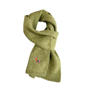 Green knitted wool scarf for women featuring cute colorful pony embroidery, warm winter neckwear.