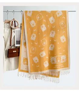 Autumn winter thick cashmere feel scarf cute bear pattern fringed warm shawl for women