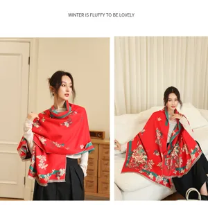 Stylish women winter cashmere feel scarf floral printed red shawl warm cozy wrap for cold days