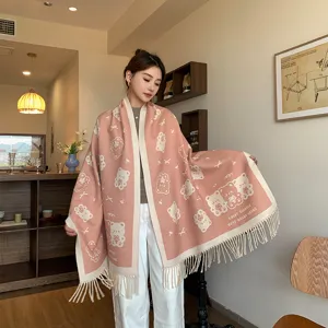 Fashion Women Fall Winter Thick Warm Imitation Cashmere Scarf Cute Bear Pattern Large Shawl
