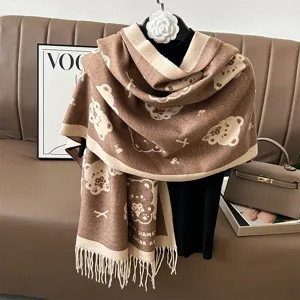 Thick warm cashmere-feel winter scarf for women cute bear pattern fashion large shawl